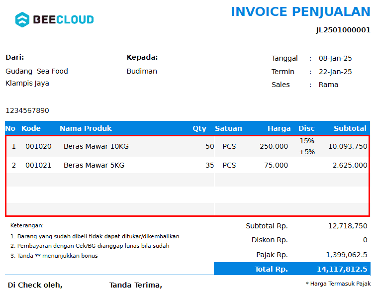 Preview jumlah baris terbaru pada nota Beecloud 3.0