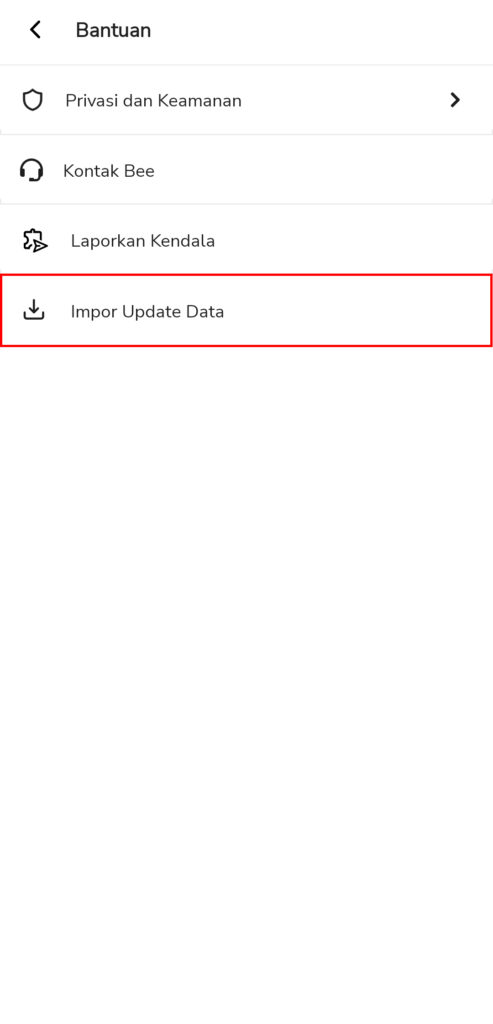 Pilih Impor Update Data dari menu Bantuan
