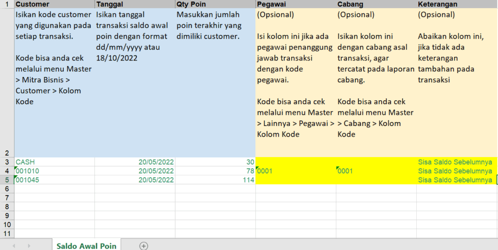 Pengisian data excel untuk impor saldo awal poin