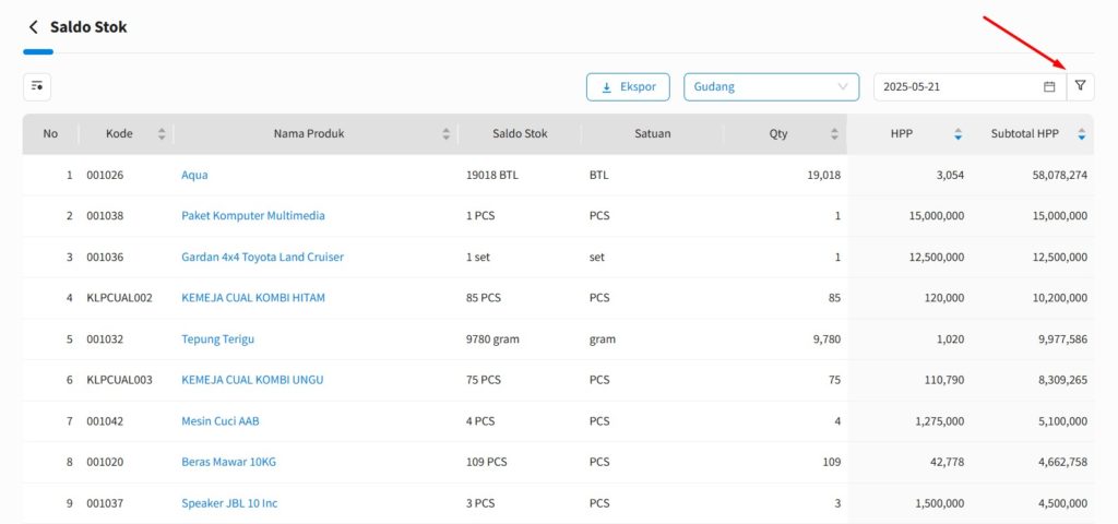 Filter cek nilai stok Beecloud 3.0 berdasarkan periode dan gudang