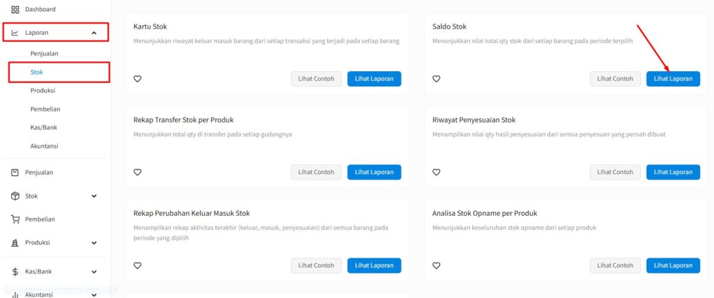 Akses menu cek nilai stok Beecloud 3.0
