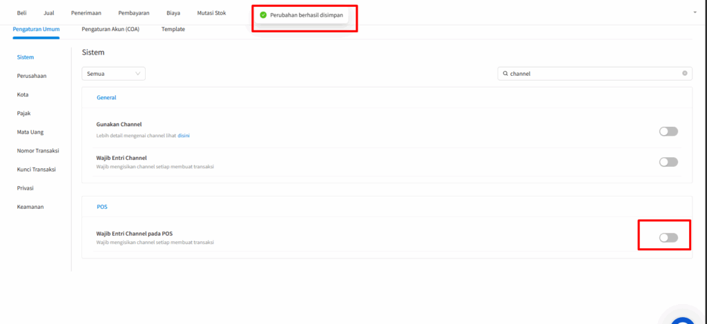 Nonaktifkan setting channel pada POS