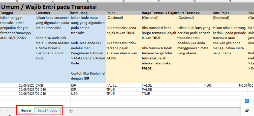 Gambar 3 Isi Template Impor Order Penjualan Excel 1