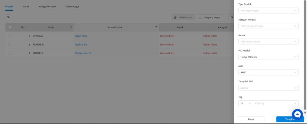contoh tampilan hasil filter dari 'PID Produk' -> |Hanya PID Unik