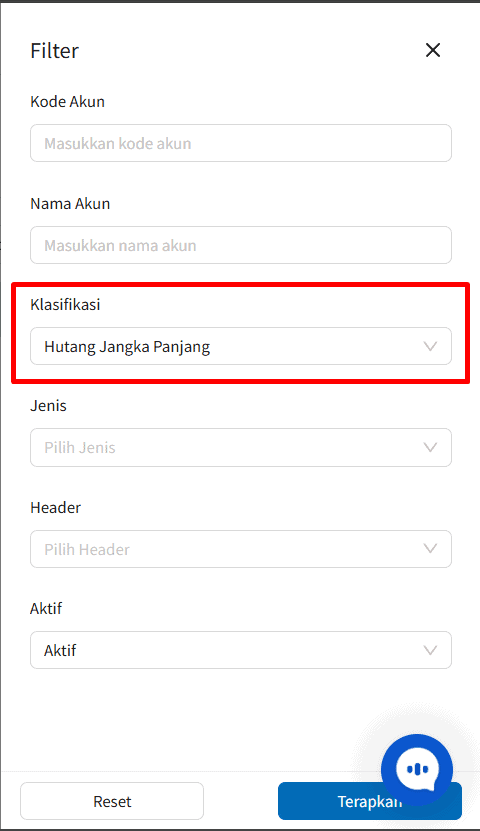 Filter Akun 'Hutang Jangka Panjang'