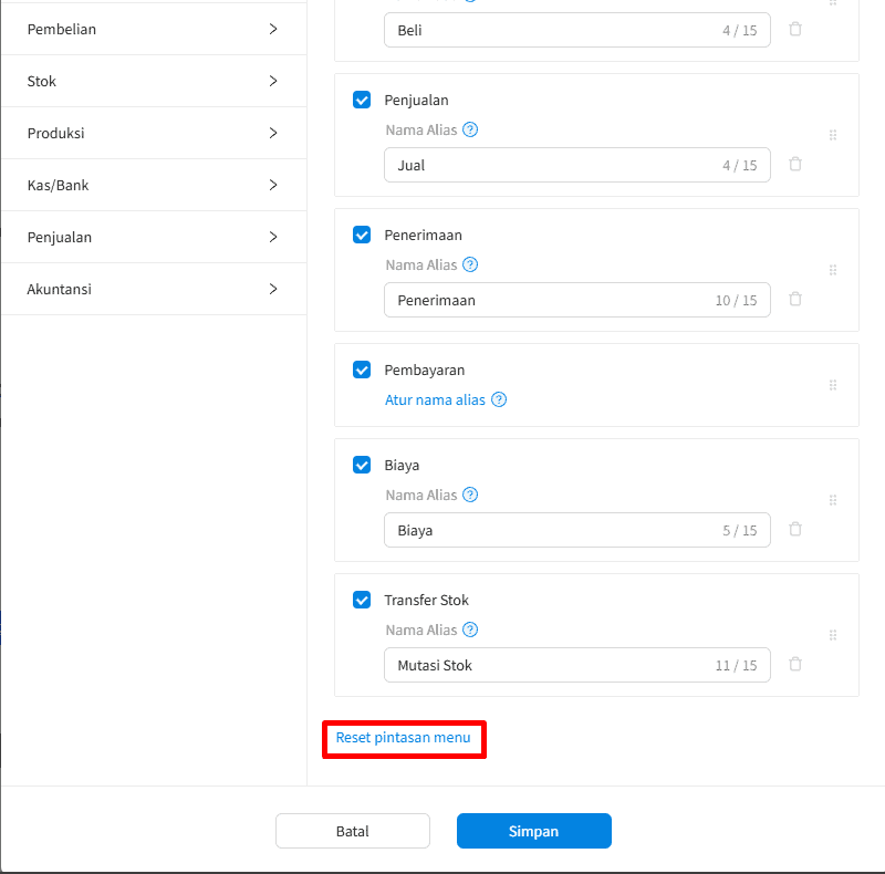Reset Pintasan Menu untuk menghapus/ setting ulang pintasan menu