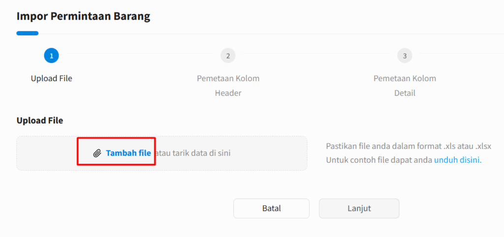 Gambar 5 Tambah Excel Impor Permintaan Barang