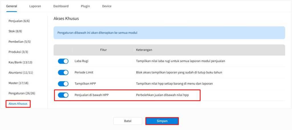 Setting Hak Akses Diperbolehkan Jual Dibawah HPP Beecloud 3.0
