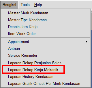 Akses menu Bengkel -> Laporan Rekap Kerja Mekanik