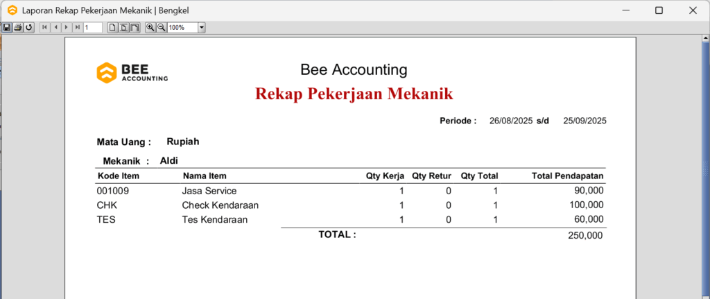 Cara Melihat Laporan Rekap Kerja Mekanik di BeeAccounting