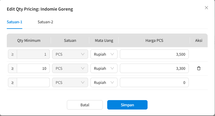 Input harga sesuai qty minimal yang akan diterapkan