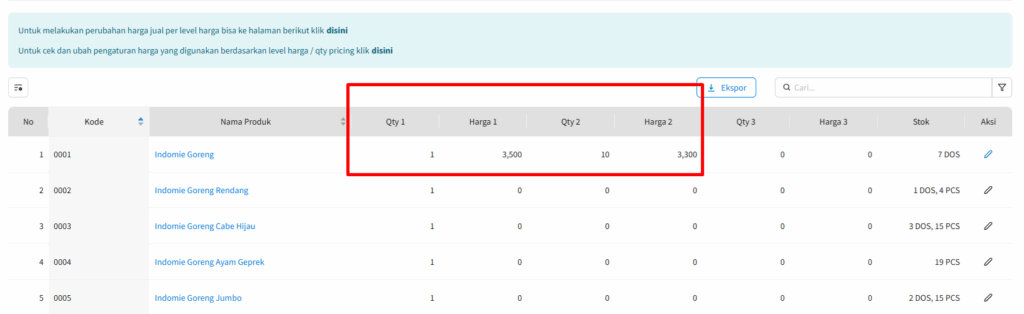 Hasil input qty pricing
