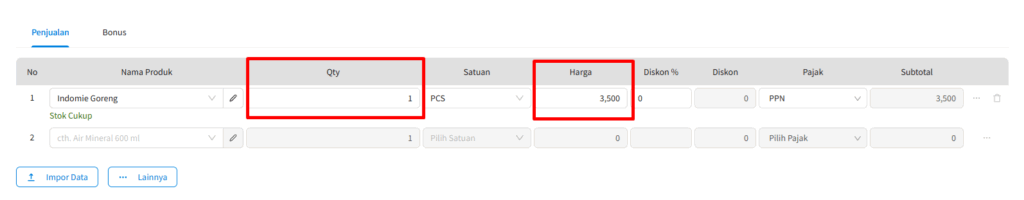 Input penjualan dengan qty min 1