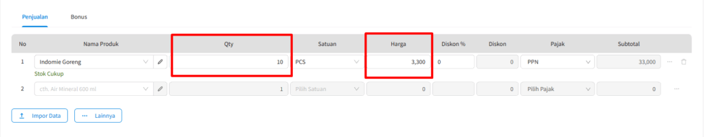 Input penjualan dengan qty min 10