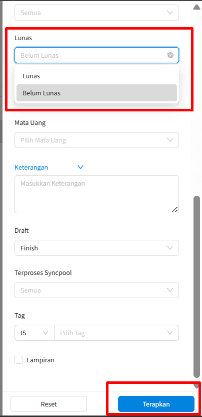 Setting Filter Belum Lunas