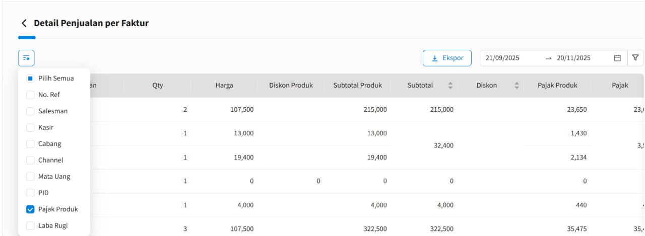 Update November 2025 Nilai Pajak Per Produk Pada Laporan Detail Transaksi Penjualan