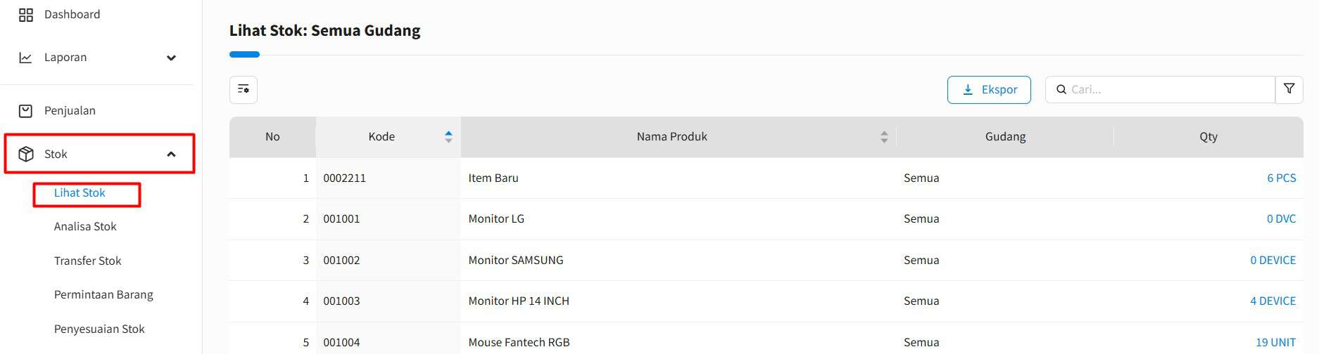 Ekspor Lihat Stok Beecloud 3.0