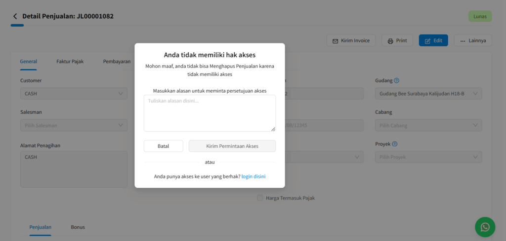 Warning Hak Akses Hapus Pembelian