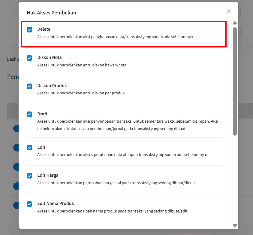 Centang Hak Akses Hapus Pembelian