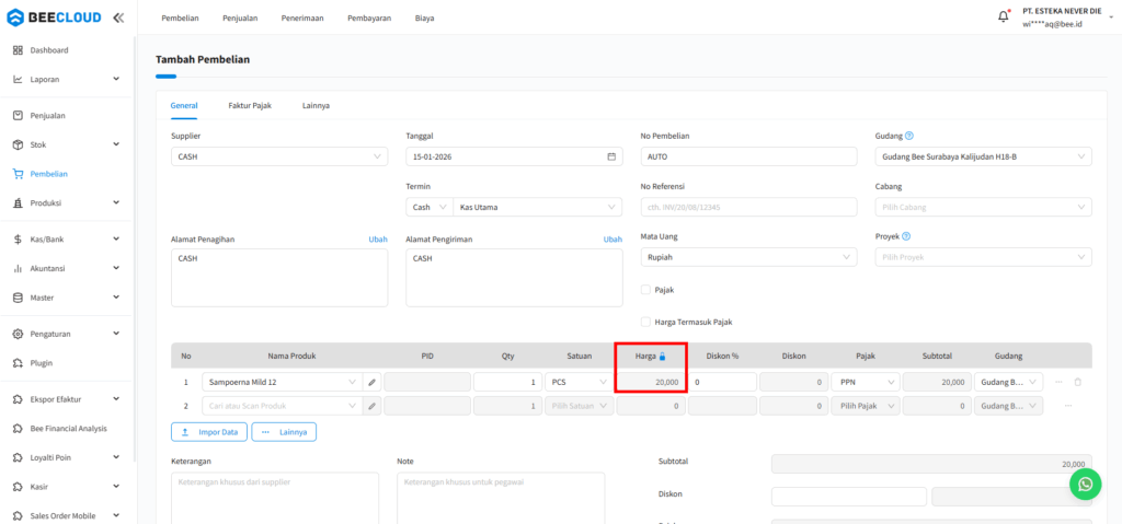 Edit Harga pembelian beecloud 3.0