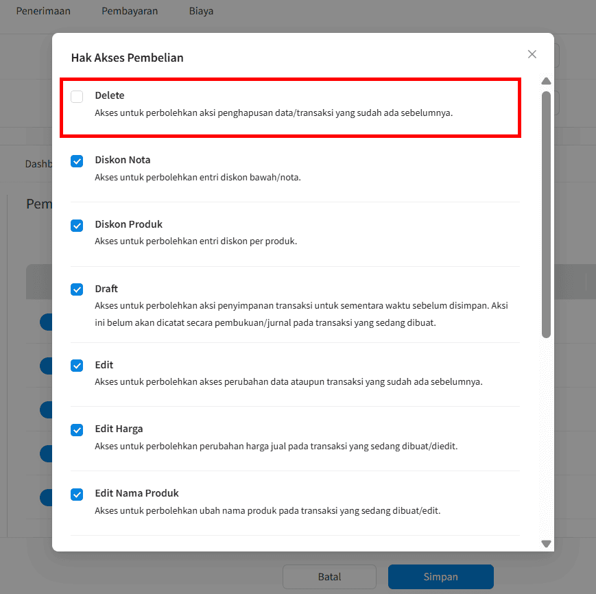 Hak Akses Delete Pembelian Masih Belum Aktif