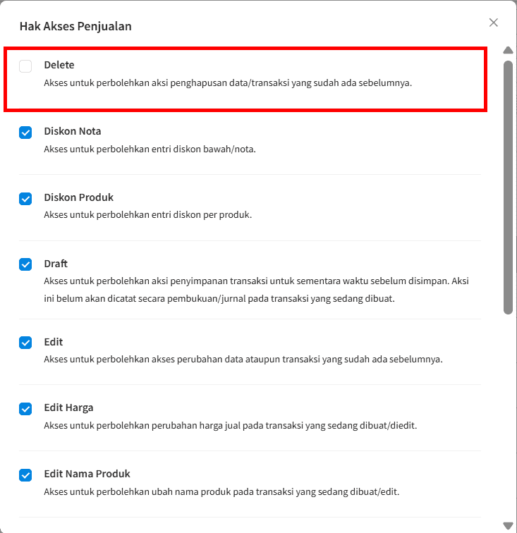 Hak Akses Hapus Penjualan Belum Tercentang