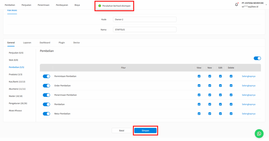 Pastikan Sudah Muncul Notifikasi Berhasil Dan Simpan Hak Akses