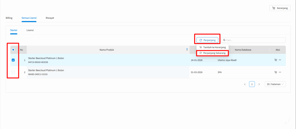 Gambar 2. Pilih Paket yang akan diperpanjang