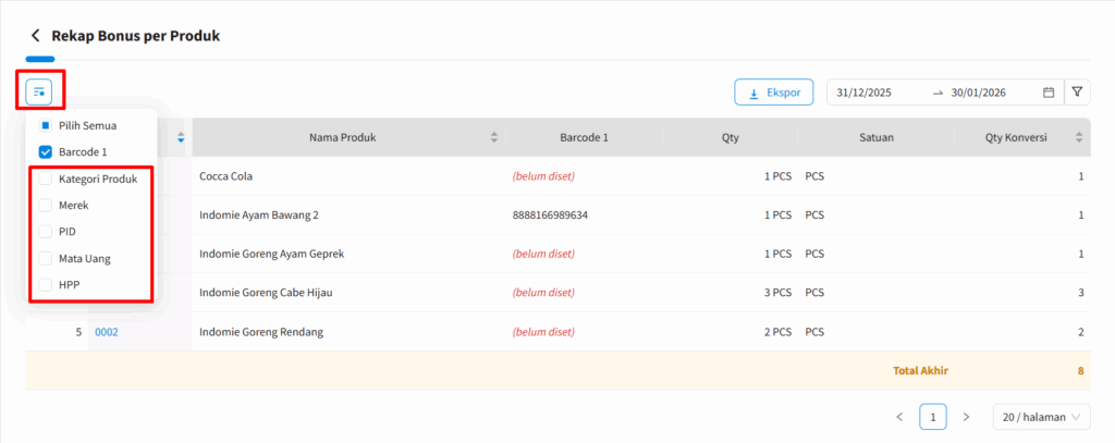 Opsi data tambahan Laporan Rekap Bonus Per Item