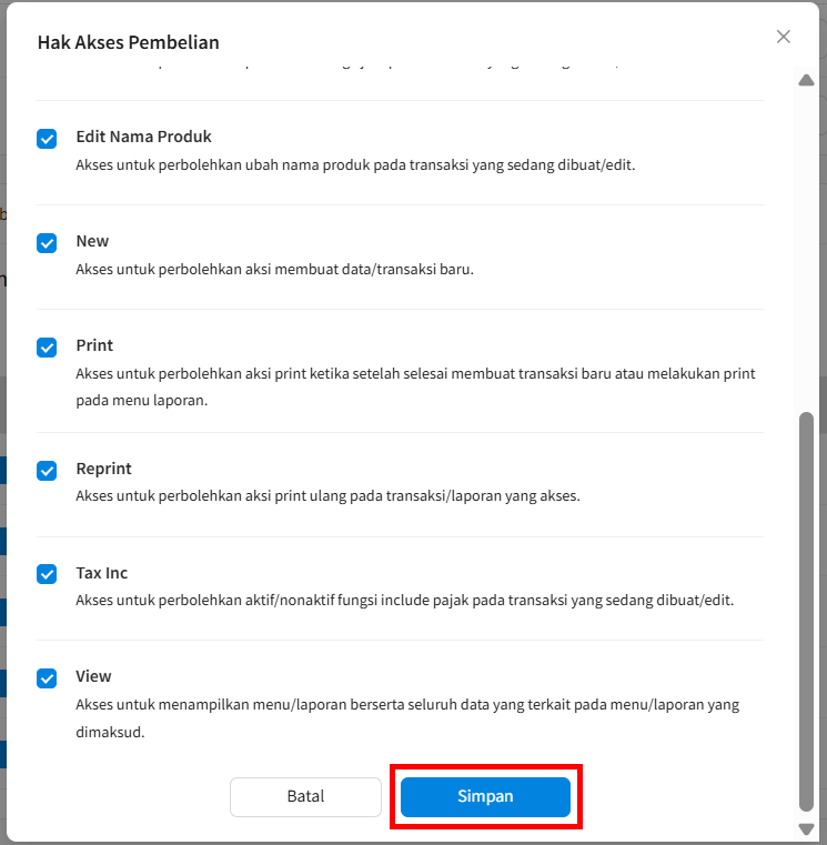 Simpan Hak Akses Hapus Pembelian