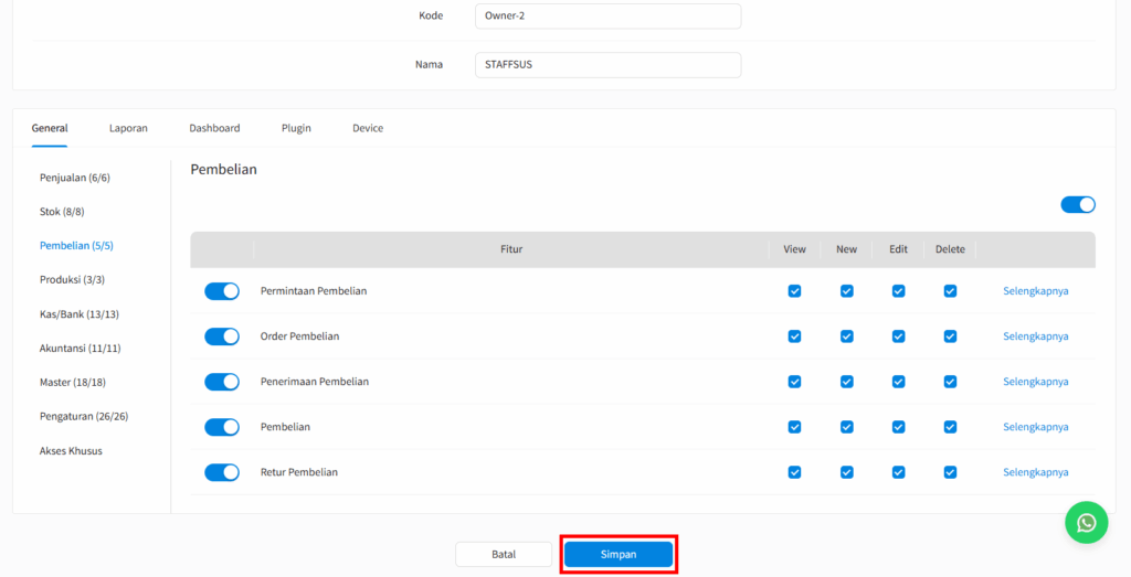 Simpan Hak Akses Pembelian