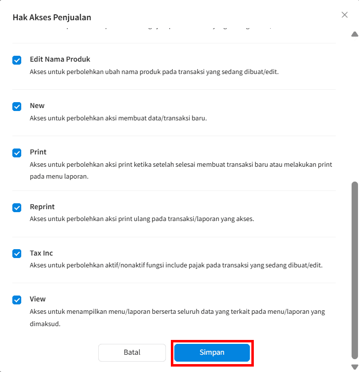 Simpan Hak Akses View Penjualan
