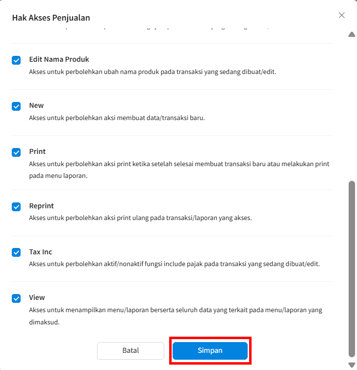Simpan Hak Akses Void Penjualan