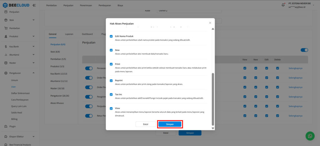 Simpan Hasil Edit Hak Akses Penjualan