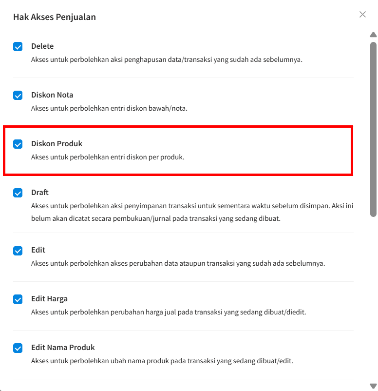 Aktifkan Hak Akses Diskon Produk