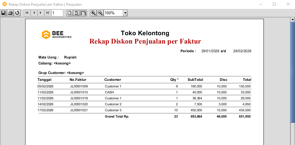 Kb Beeaccounting Rekap Diskon Penjualan Per Faktur Beeaccounting