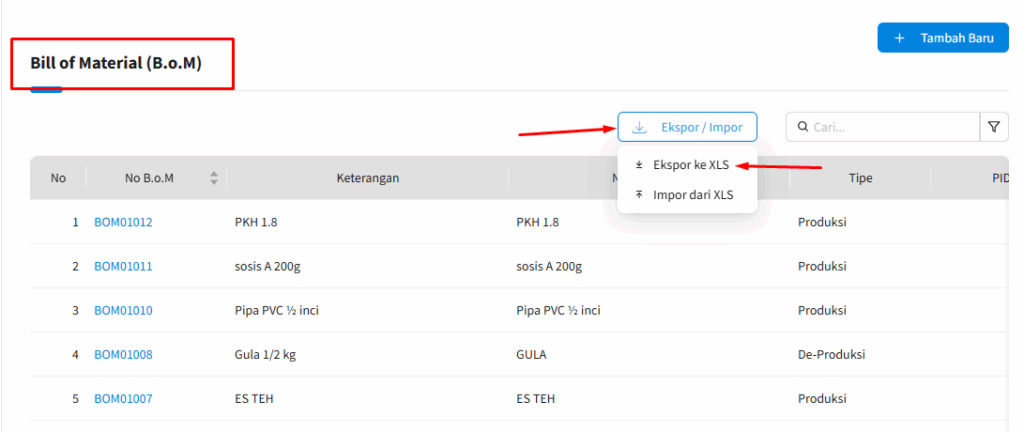 Ekspor Bill of Material di Beecloud 3.0