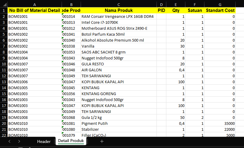 Hasil Ekspor Bill of Material di Beecloud 3.0
