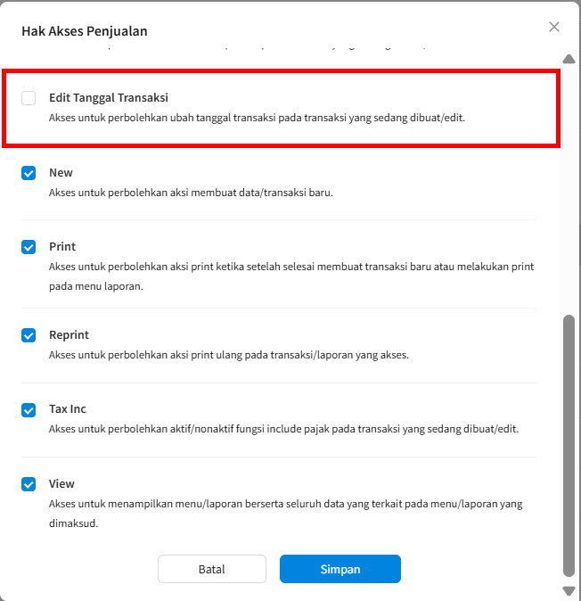 Hak Akses Edit Tanggal Penjualan Belum Diaktifkan