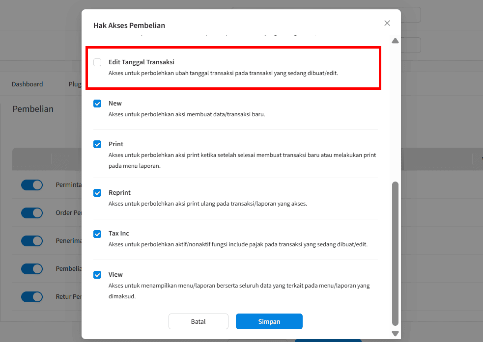 Hak Akses Edit Tanggal Transaksi Non Aktif