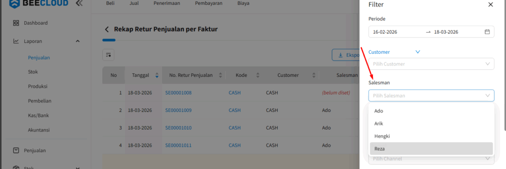 Cara Menggunakan Filter Salesman Retur Penjualan Beecloud 3.0