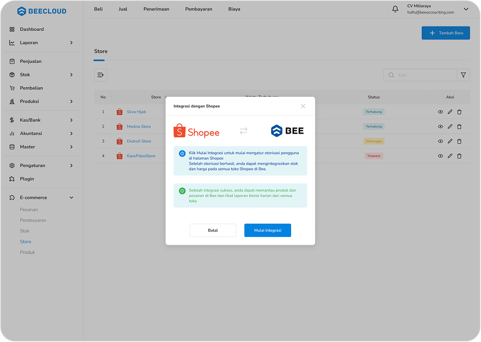 Tampilan Beecloud E Commerce Section Mulai Hubungkan