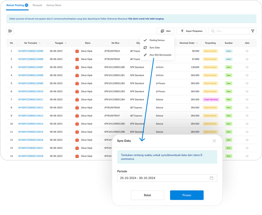 Tampilan Beecloud E Commerce Section Sync Data