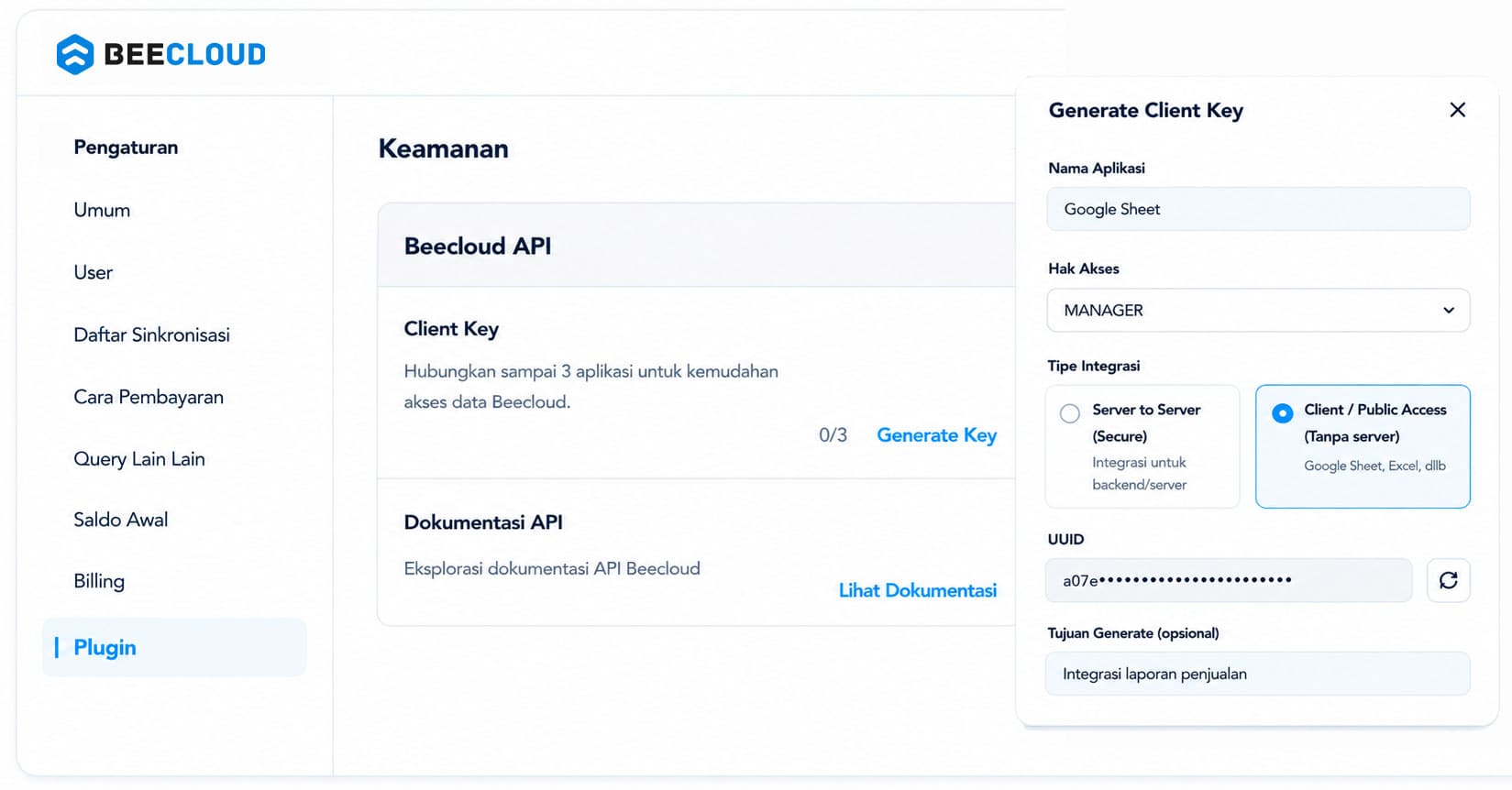Sistem Open Api Di Beecloud Section Generate Key2