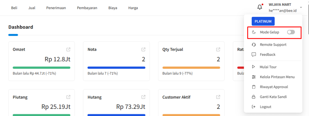 Gambar 2 . Menonaktifkan Mode Gelap Beecloud 3.0 Menjadi Mode Terang