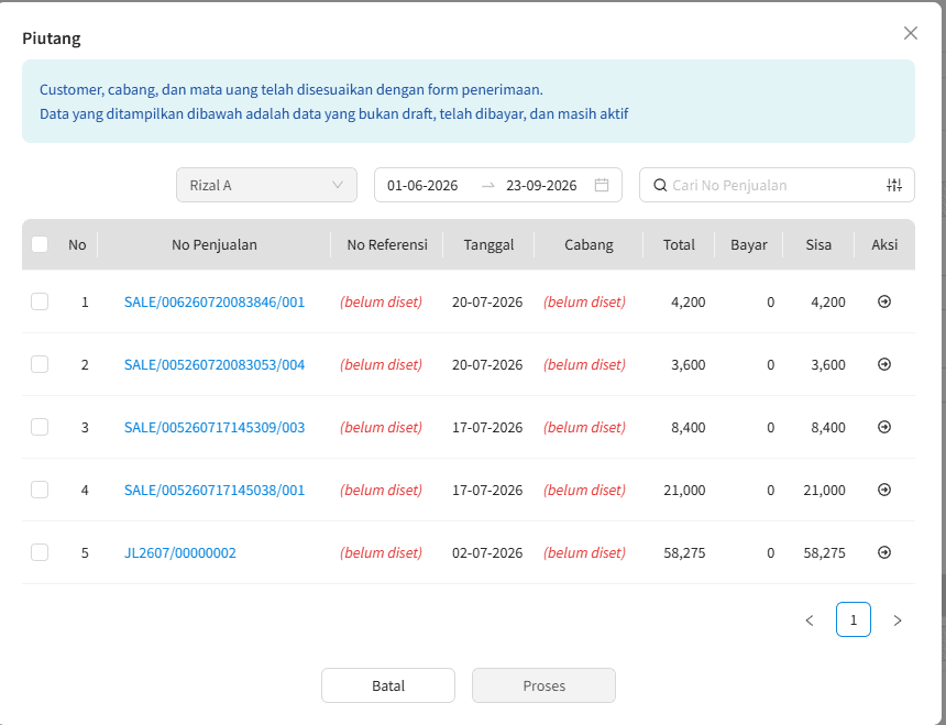 Pilih Transaksi dari Daftar Penjualan/Piutang